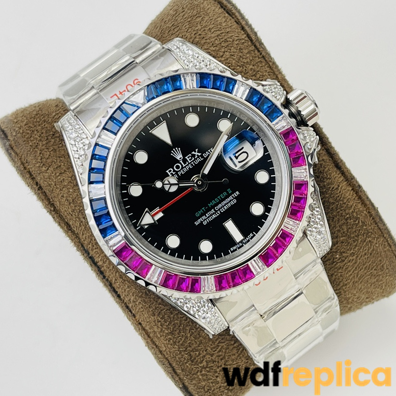 Swiss Rolex GMT Master Replica Stainless steel strap 40MM Black Dial Blue and Pink Diamonds Case 1