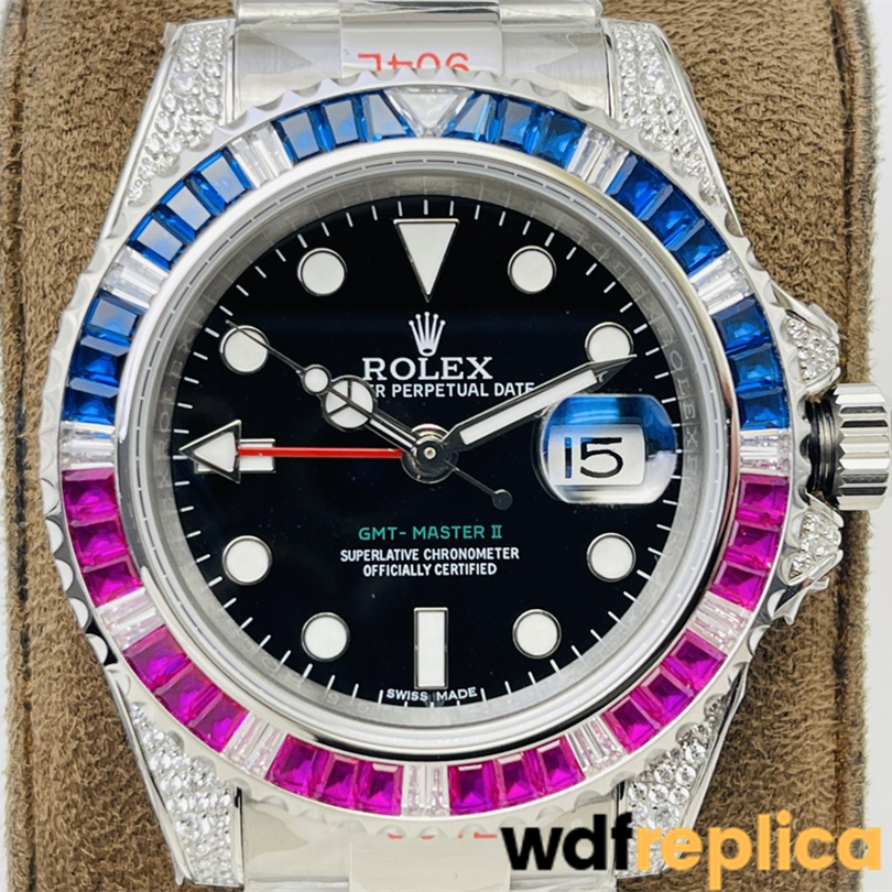 Swiss Rolex GMT Master Replica Stainless steel strap 40MM Black Dial Blue and Pink Diamonds Case