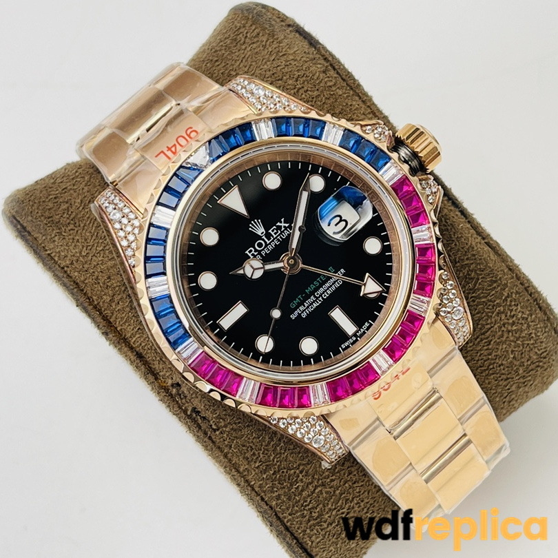 Swiss Rolex GMT Master Replica Rose Gold strap 40MM Black Dial Blue and Pink Diamonds Case 1