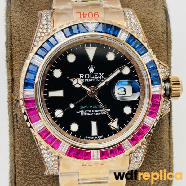 Swiss Rolex GMT Master Replica Rose Gold strap 40MM Black Dial Blue and Pink Diamonds Case