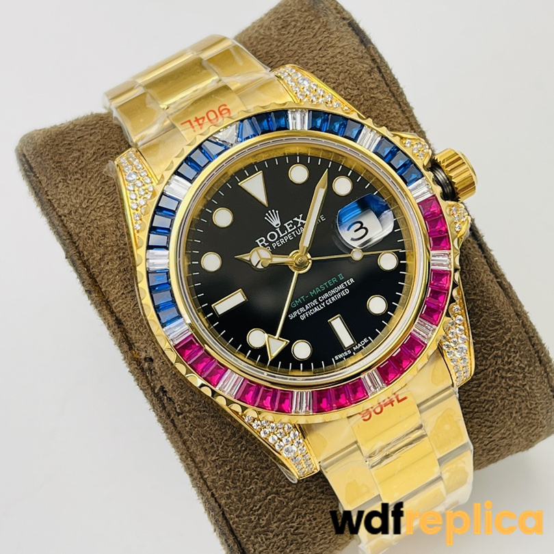 Swiss Rolex GMT Master Replica Yellow Gold strap 40MM Black Dial Blue and Pink 1