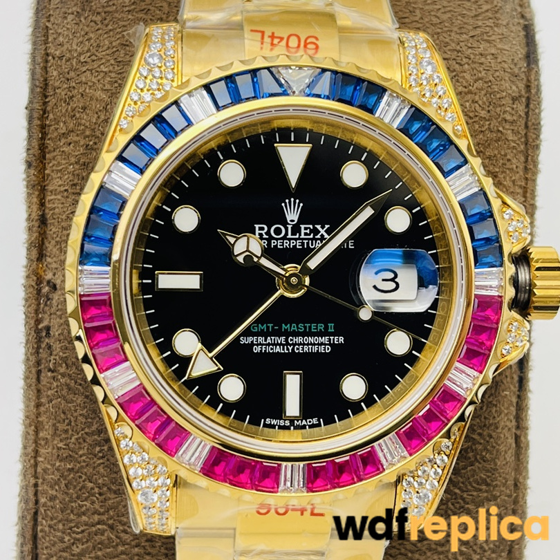 Swiss Rolex GMT Master Replica Yellow Gold strap 40MM Black Dial Blue and Pink Diamonds Case